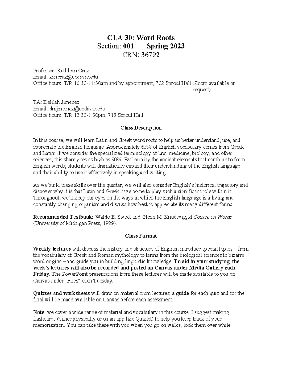 Cla030 sp2023 syllabus CLA 30 Word Roots Section 001 Spring 202 3