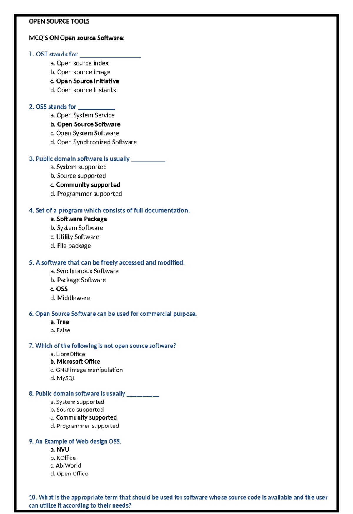 MCQ Questions OST OPEN SOURCE TOOLS MCQ’S ON Open source Software 1