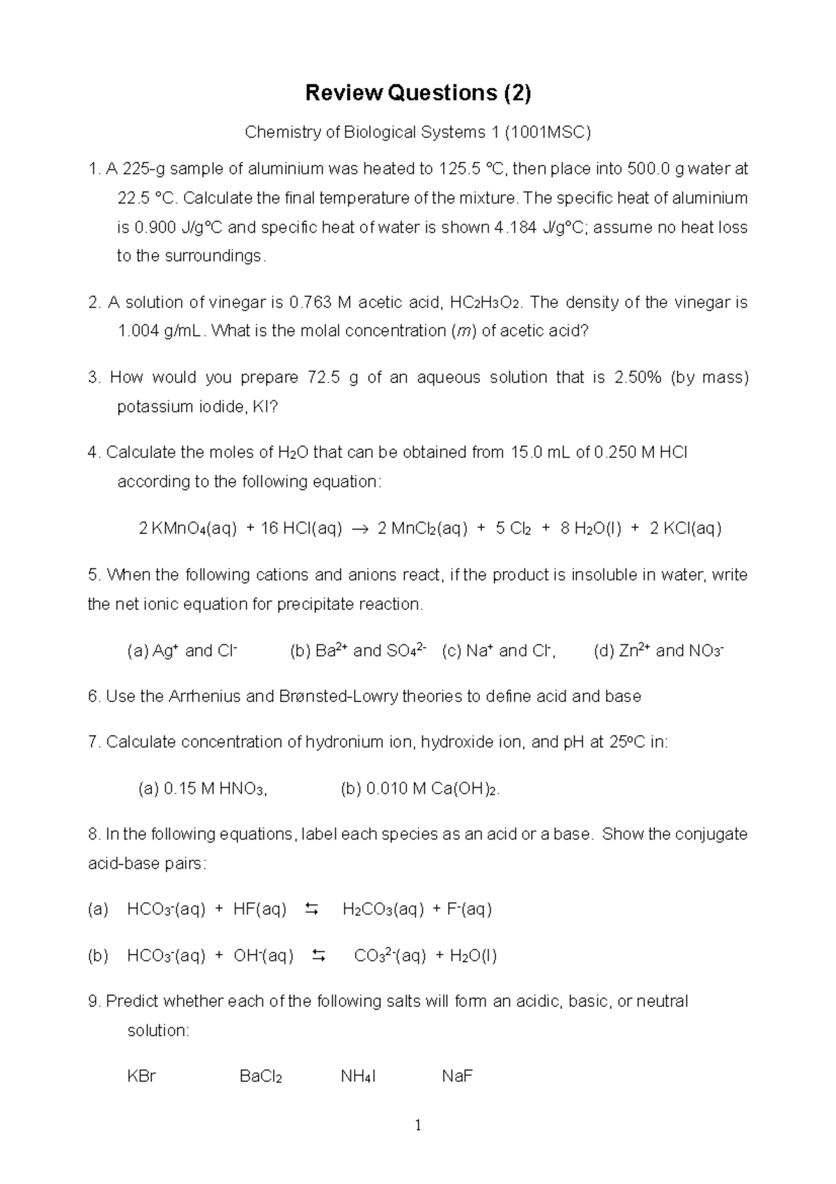 Review Questions (2) - Review Questions (2) Chemistry Of Biological 