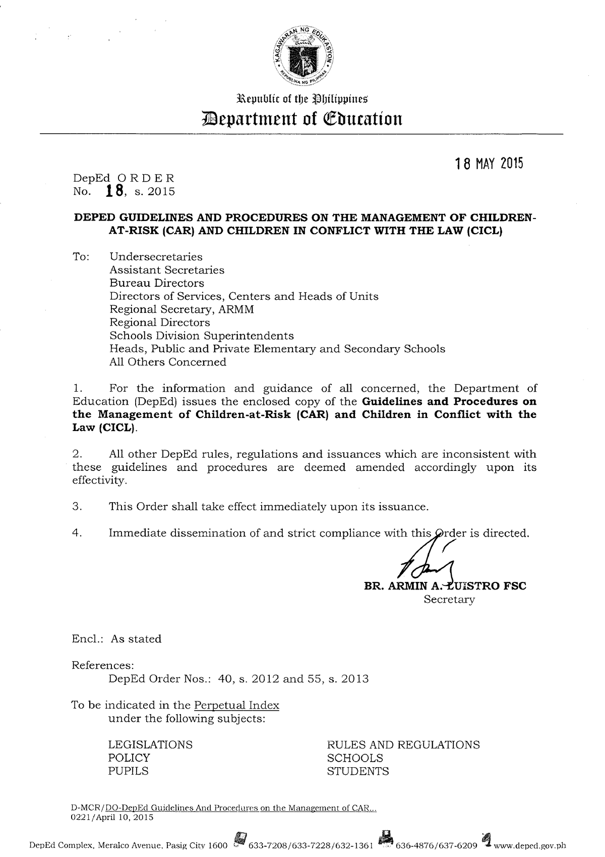 Dep Ed Guidelines and Procedures on the Management of CAR and CICL ...