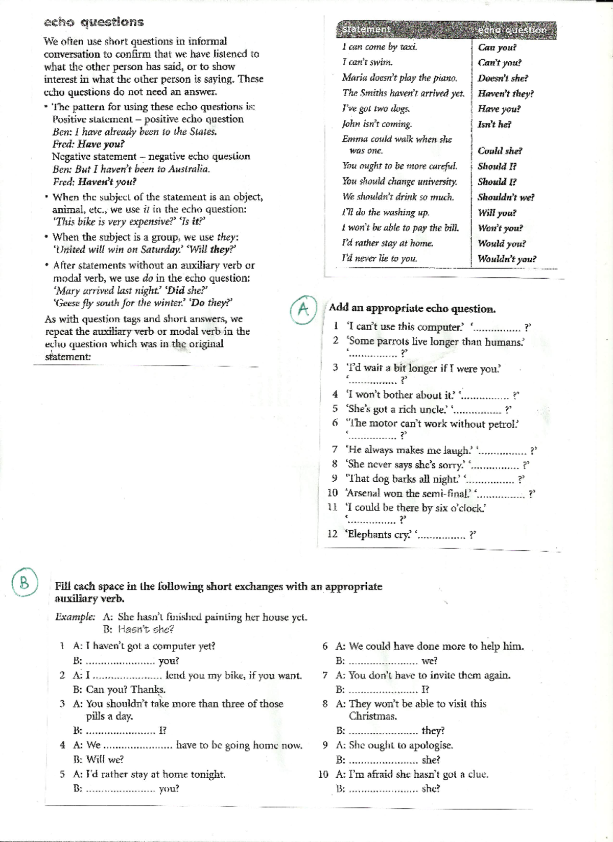 Echo questions exs - Ćwieczenia - echo questions statement echo ...