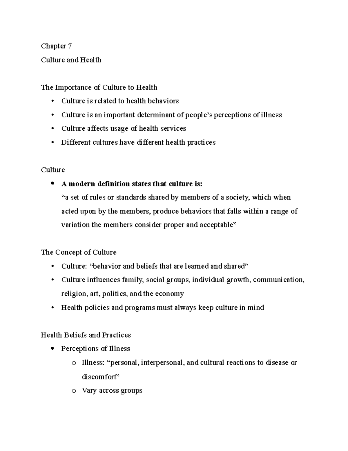 HEA 310 Chapter 7 Notes - Chapter 7 Culture and Health The Importance ...