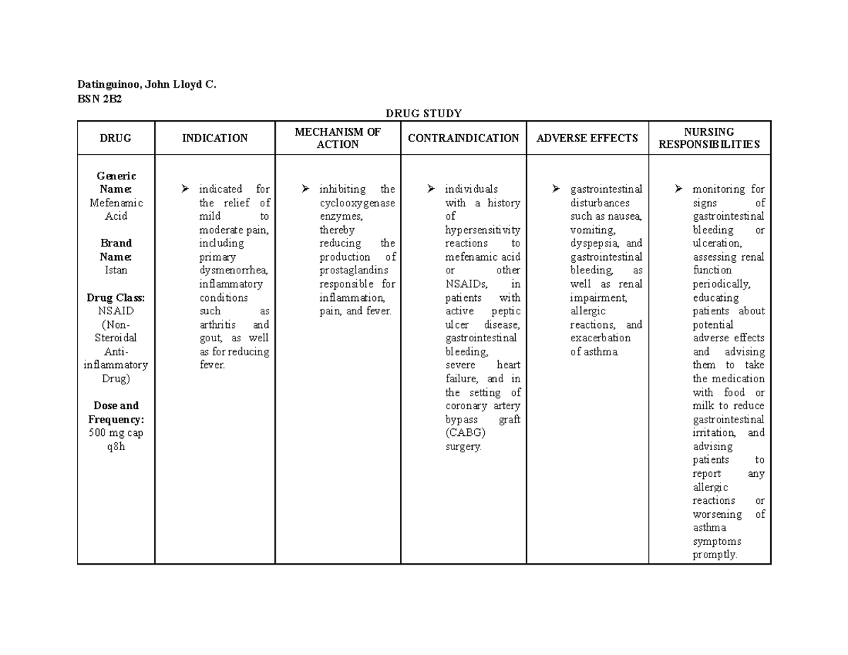 DRUG Study of Pain Medication - Datinguinoo, John Lloyd C. BSN 2B DRUG ...