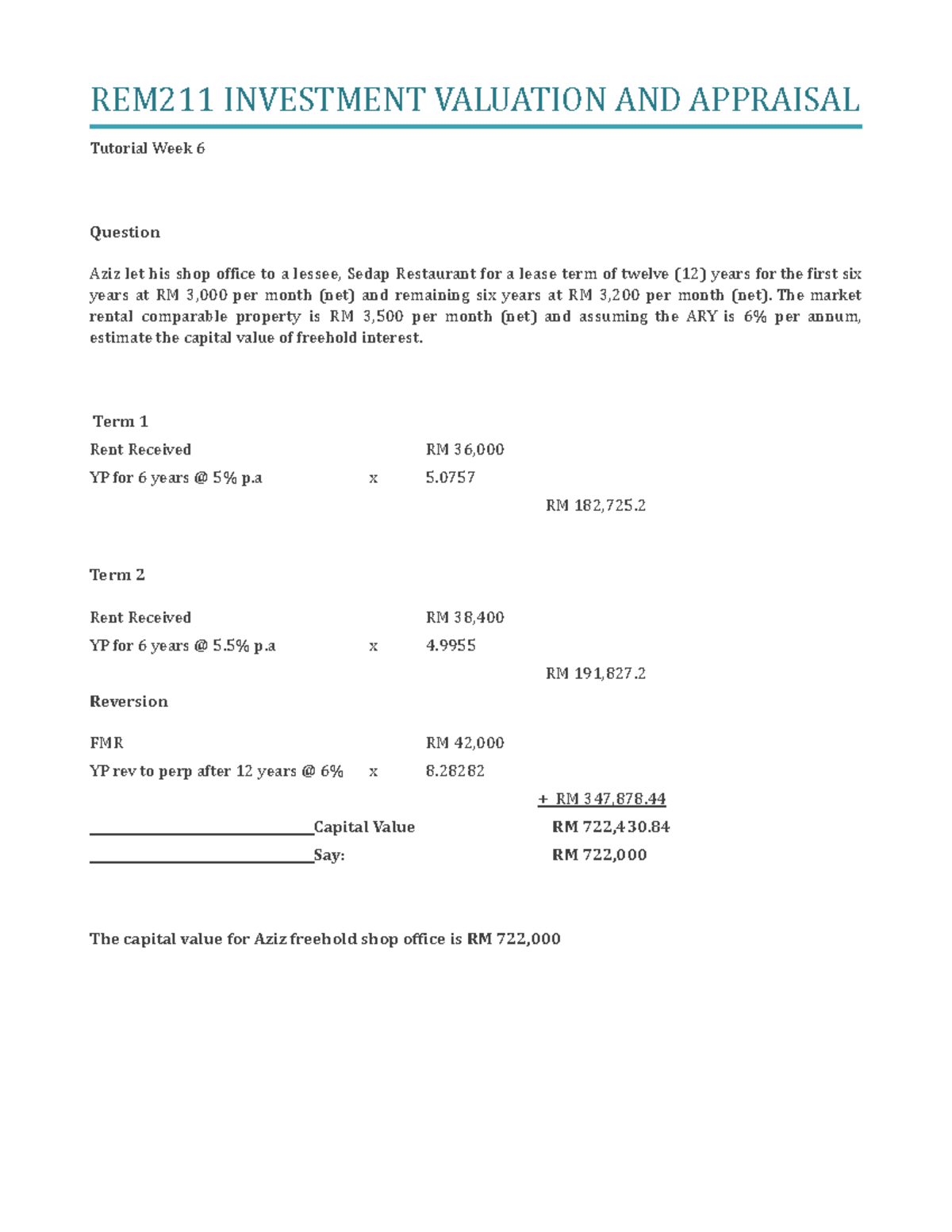 REM211 - Tutorial 1 Multiple Term and Reversion - REM211 INVESTMENT ...