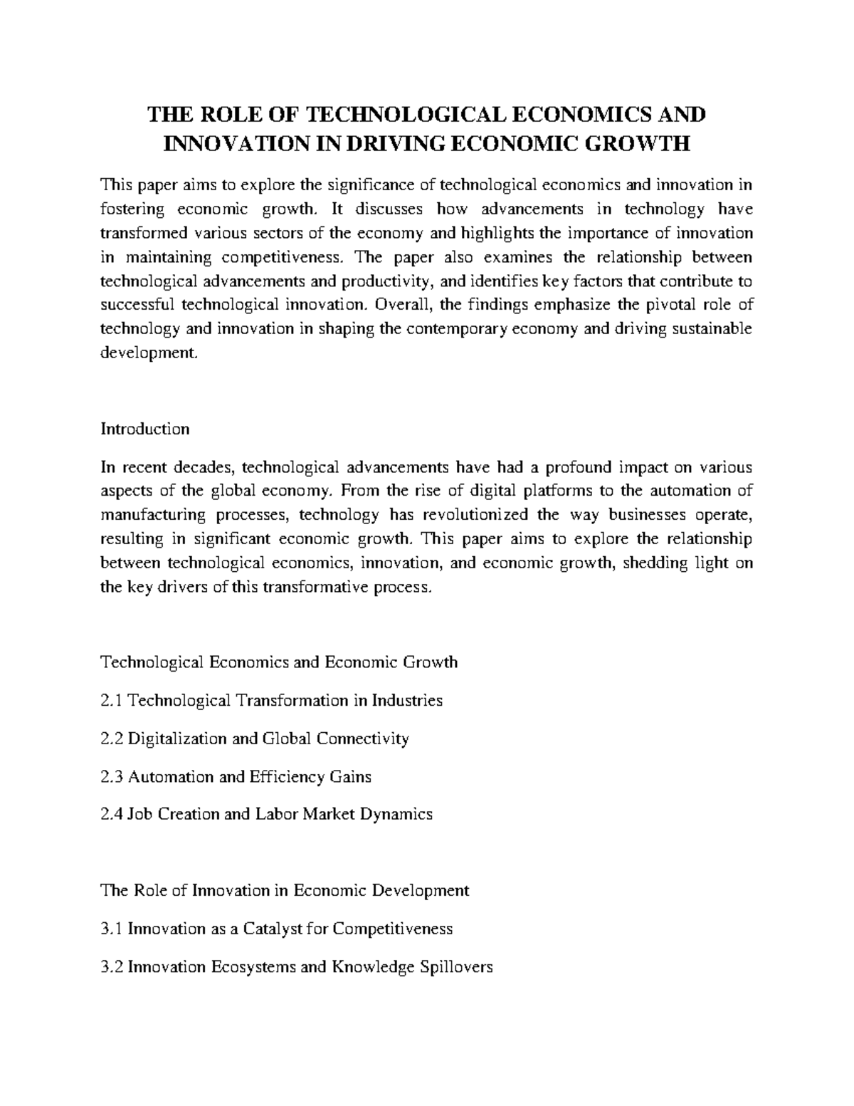 THE ROLE OF Technological Economics AND Innovation IN Driving Economic 