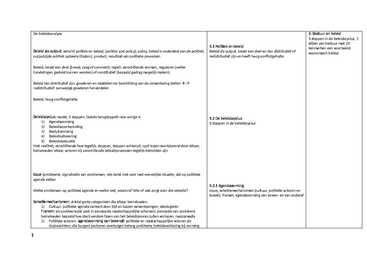 9. Bestuur en beleid Schema - De beleidsanalyse Beleid als output