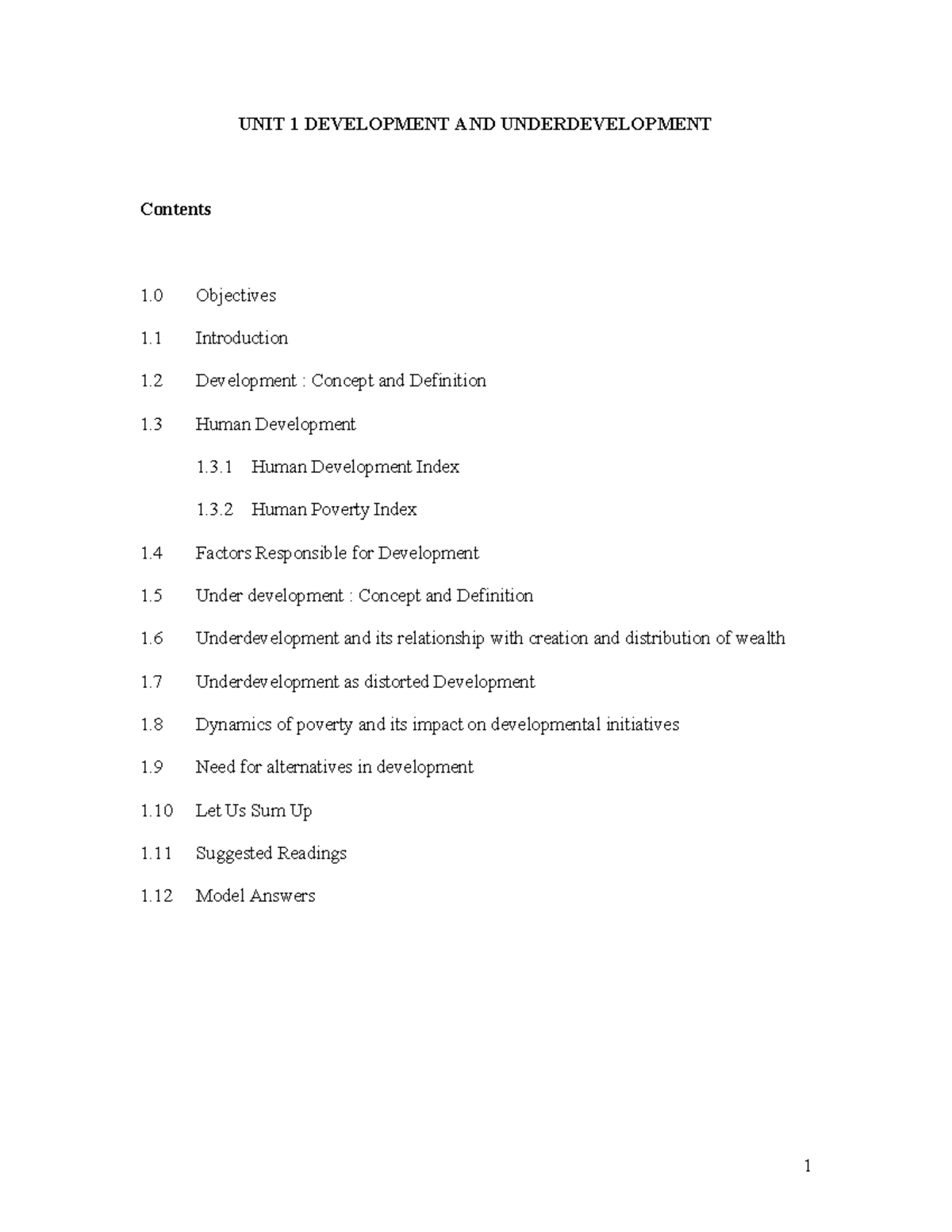 Unit-1 - Assignment - UNIT 1 DEVELOPMENT AND UNDERDEVELOPMENT Contents ...