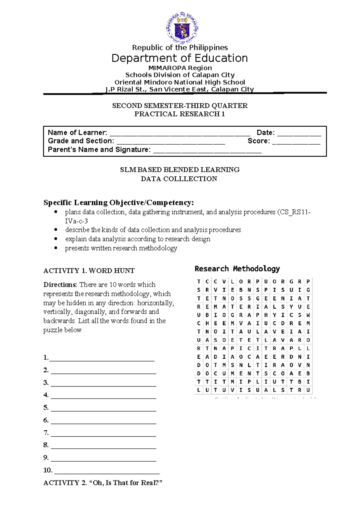 SLM Activity DATA Collection - Republic of the Philippines Department ...
