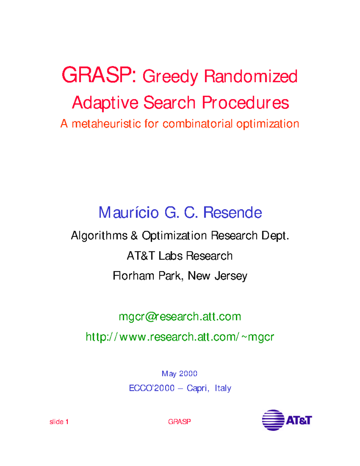 Grasp-ecco2000 - GRASP: Greedy Randomized Adaptive Search Procedures A ...