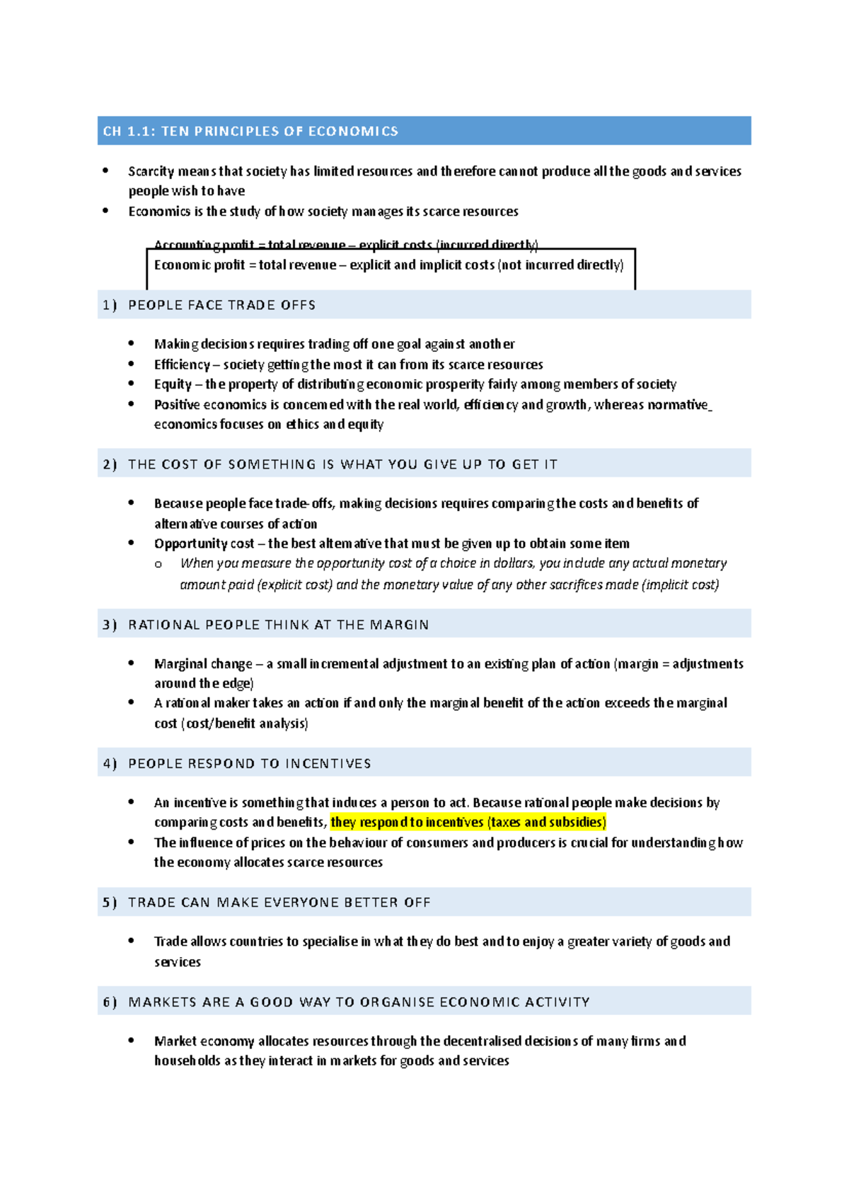 Economics Notes - CH 1: TEN PRINCIPLES OF ECONOMICS Scarcity means that ...