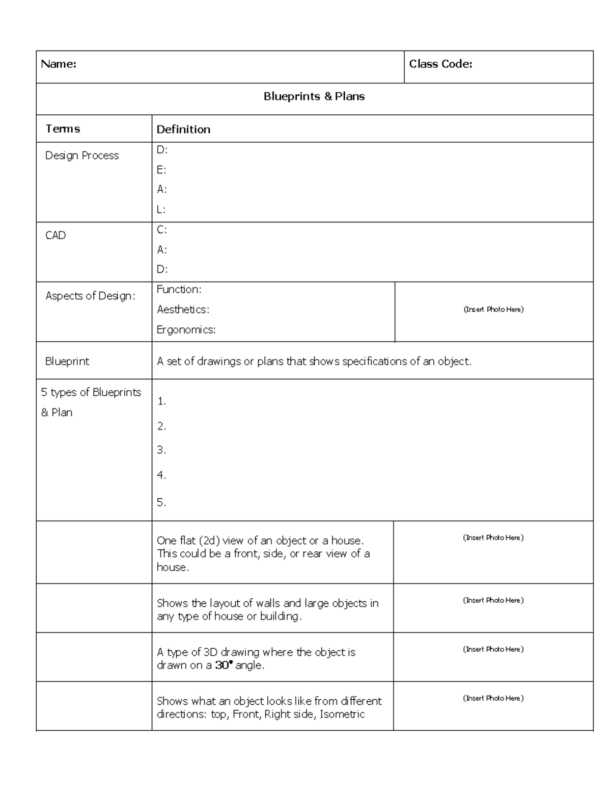 Ramses Nunez - 1 Intro to CAD - Name: Class Code: Blueprints & Plans ...