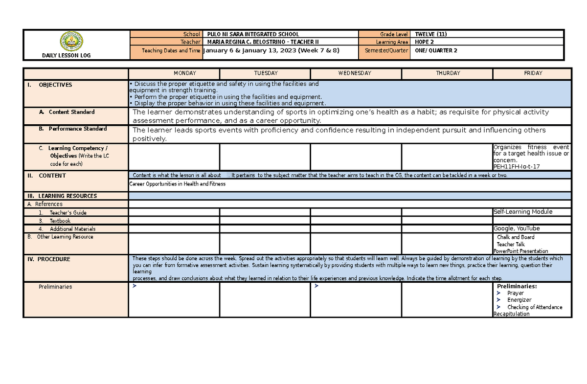 HOPE Q2 W7-8 - useful - DAILY LESSON LOG School PULO NI SARA INTEGRATED ...