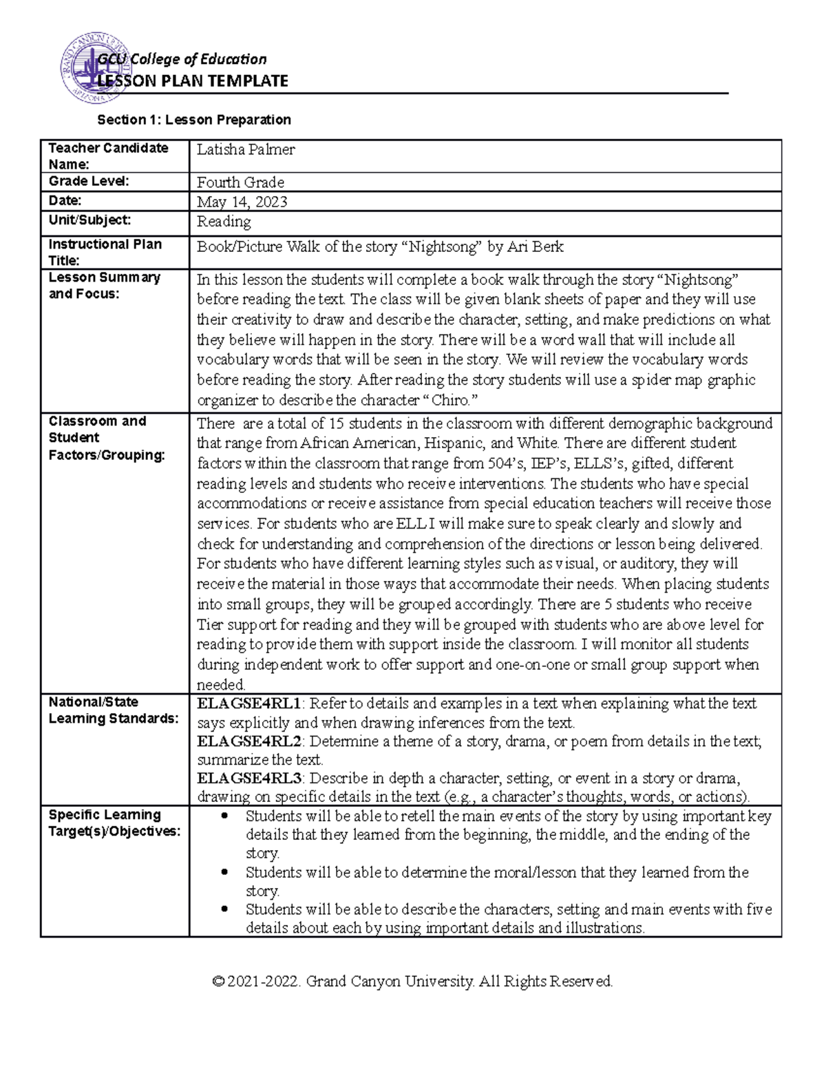 Book Walk Lesson Plan LESSON PLAN TEMPLATE Section 1 Lesson 