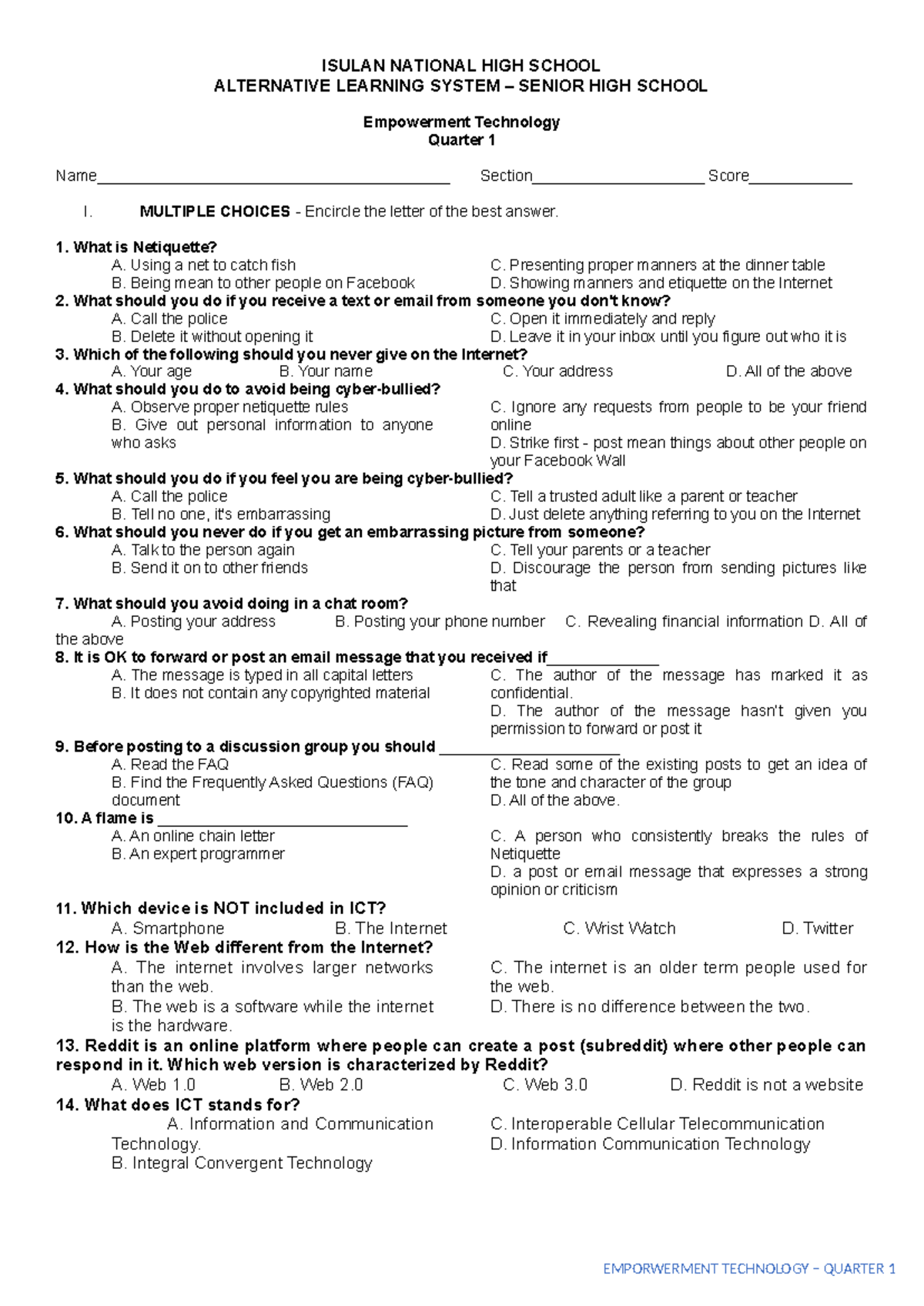 Isulan National HIGH School - EMPORWERMENT TECHNOLOGY – QUARTER 1 ...