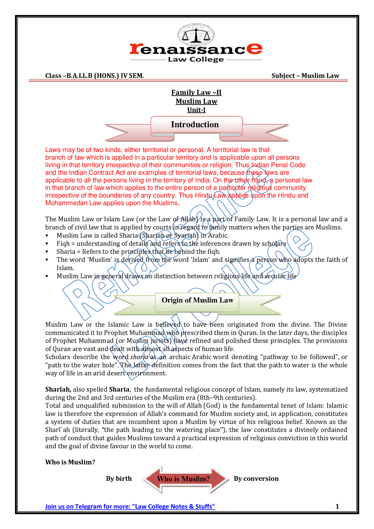 Muslim Law Notes - Family Law –II Muslim Law Unit-I Laws May Be Of Two ...