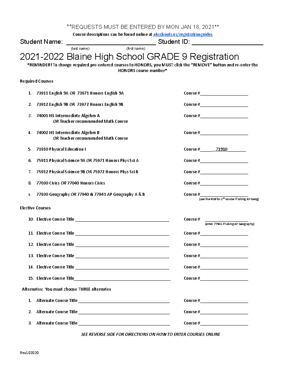 BHS 2021-22 Grade 9 Registration Worksheet - REQUESTS MUST BE ENTERED ...