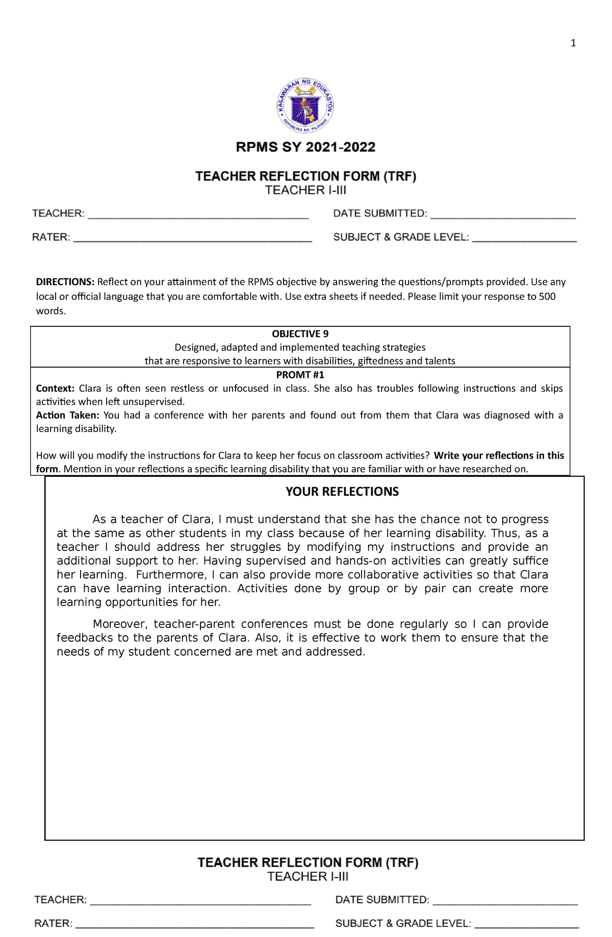 RPMS SY 2021 2022 Teacher Reflection FORM TRF - DIRECTIONS: Reæ˜€æ°€ect on ...
