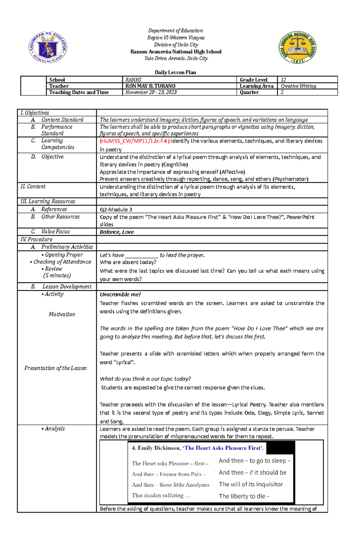 Creative Writing Lesson PLAN lyrical 2023 - Department of Education ...