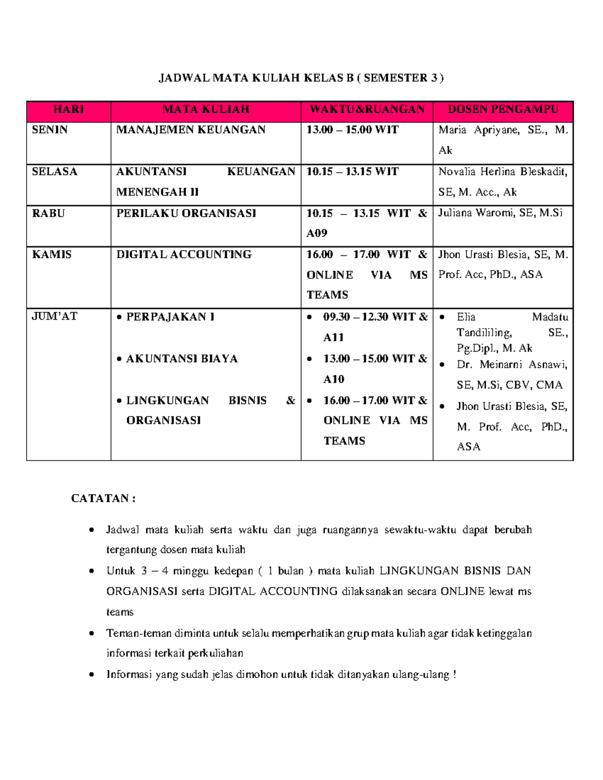 Jadwal MATA Kuliah Kelas 3B (revisi 1) - JADWAL MATA KULIAH KELAS B ...