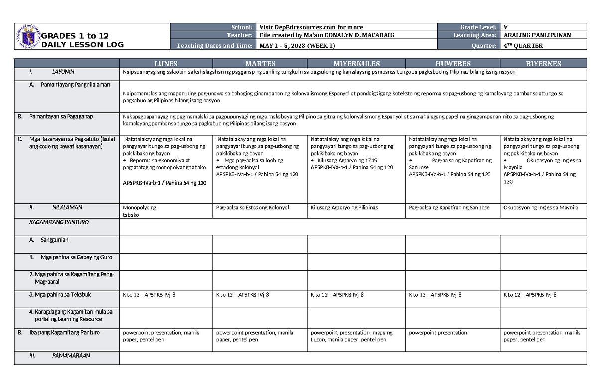 DLL Araling Panlipunan 5 Q4 W1 - GRADES 1 to 12 DAILY LESSON LOG School ...