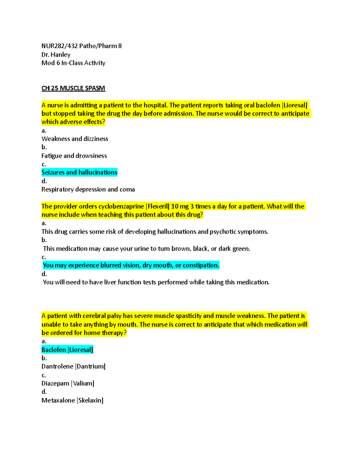 Mod 6 In-Class Activity SV - NUR282/432 Patho/Pharm II Dr. Hanley Mod 6 ...