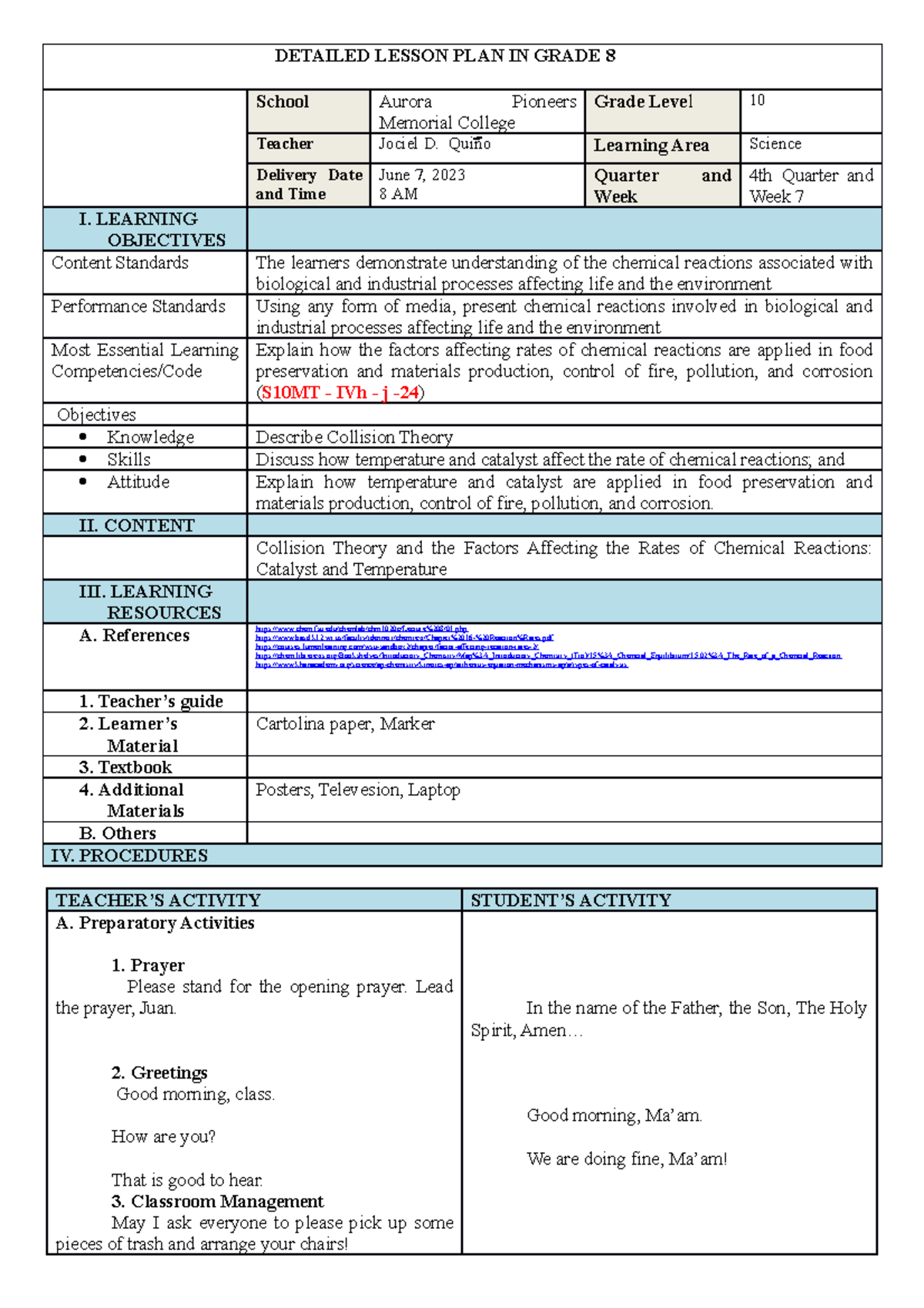 DLP for Demo in science - DETAILED LESSON PLAN IN GRADE 8 School Aurora ...