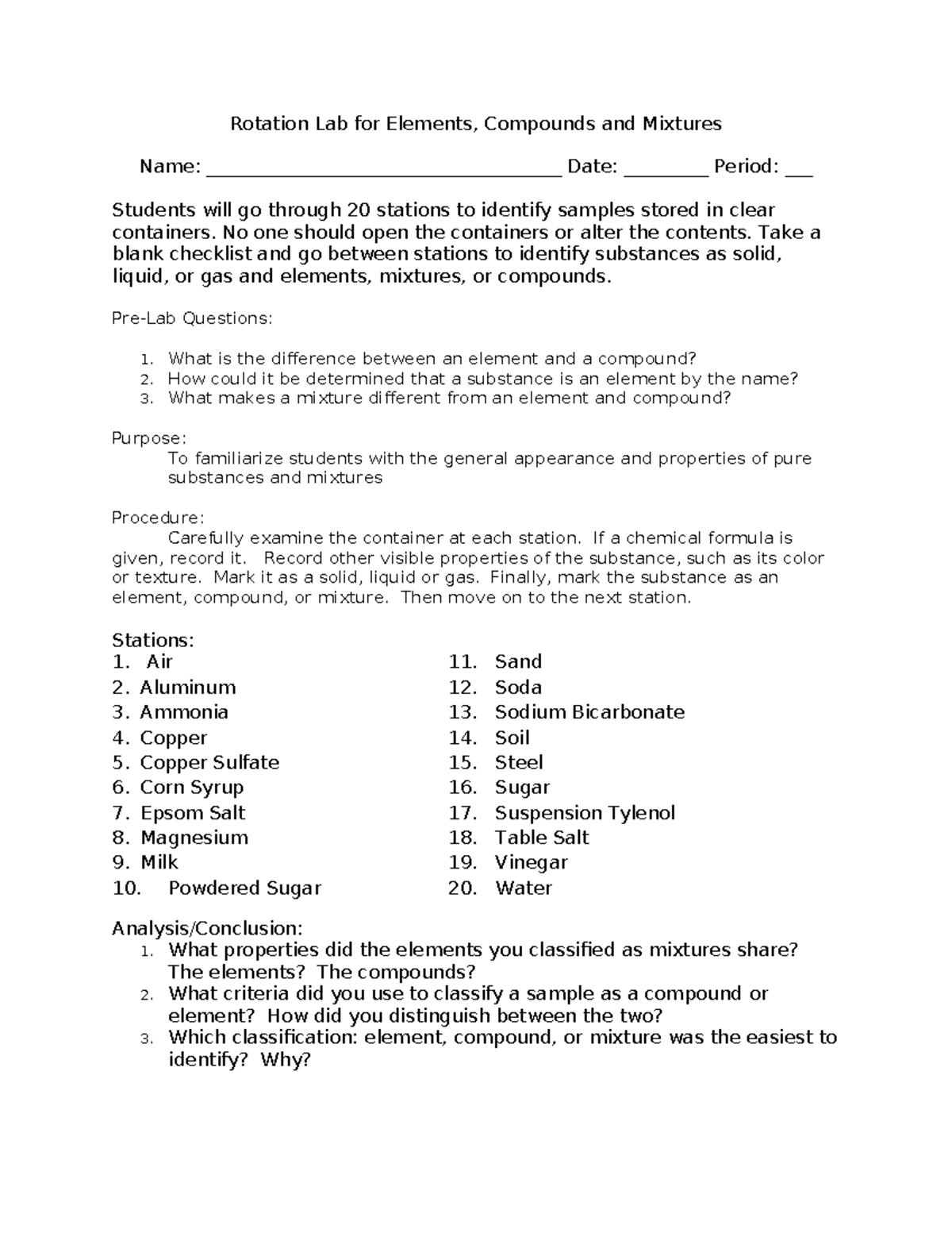 Rotation Lab for Elements, Compounds, and Mixtures - No one should open ...