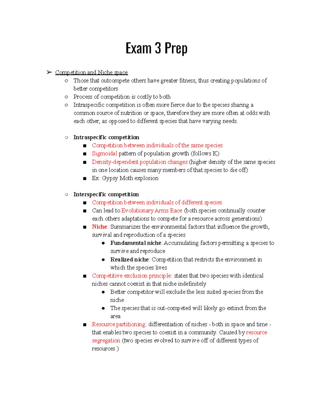 Exam 3 study guide - Exam 3 Prep Competition and Niche space Those that ...