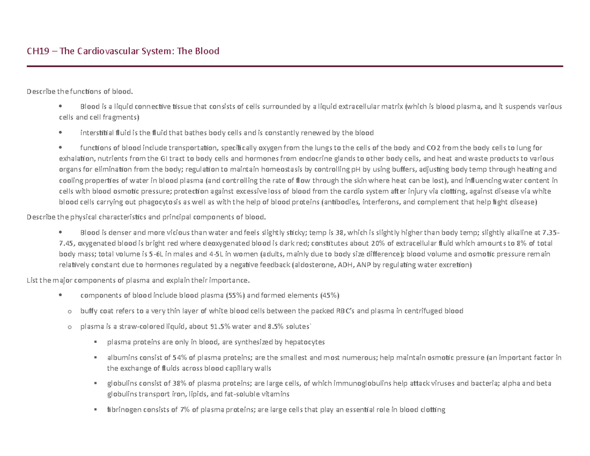 Biol235 Chapter 19 Notes - CH19 – The Cardiovascular System: The Blood ...