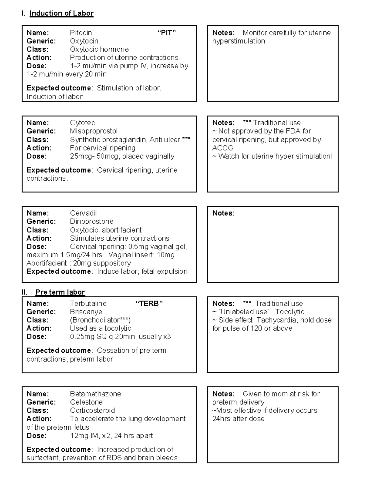 Med Cards - I. Induction of Labor II. Pre term labor Name ...