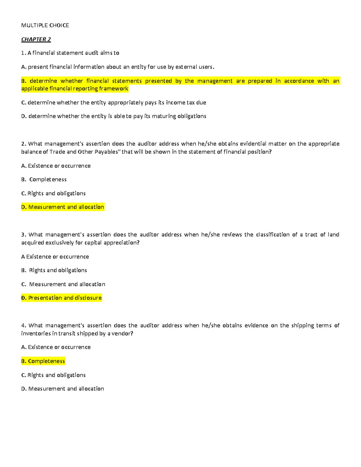 Audit problems multiple choice theory - Accounting - Studocu