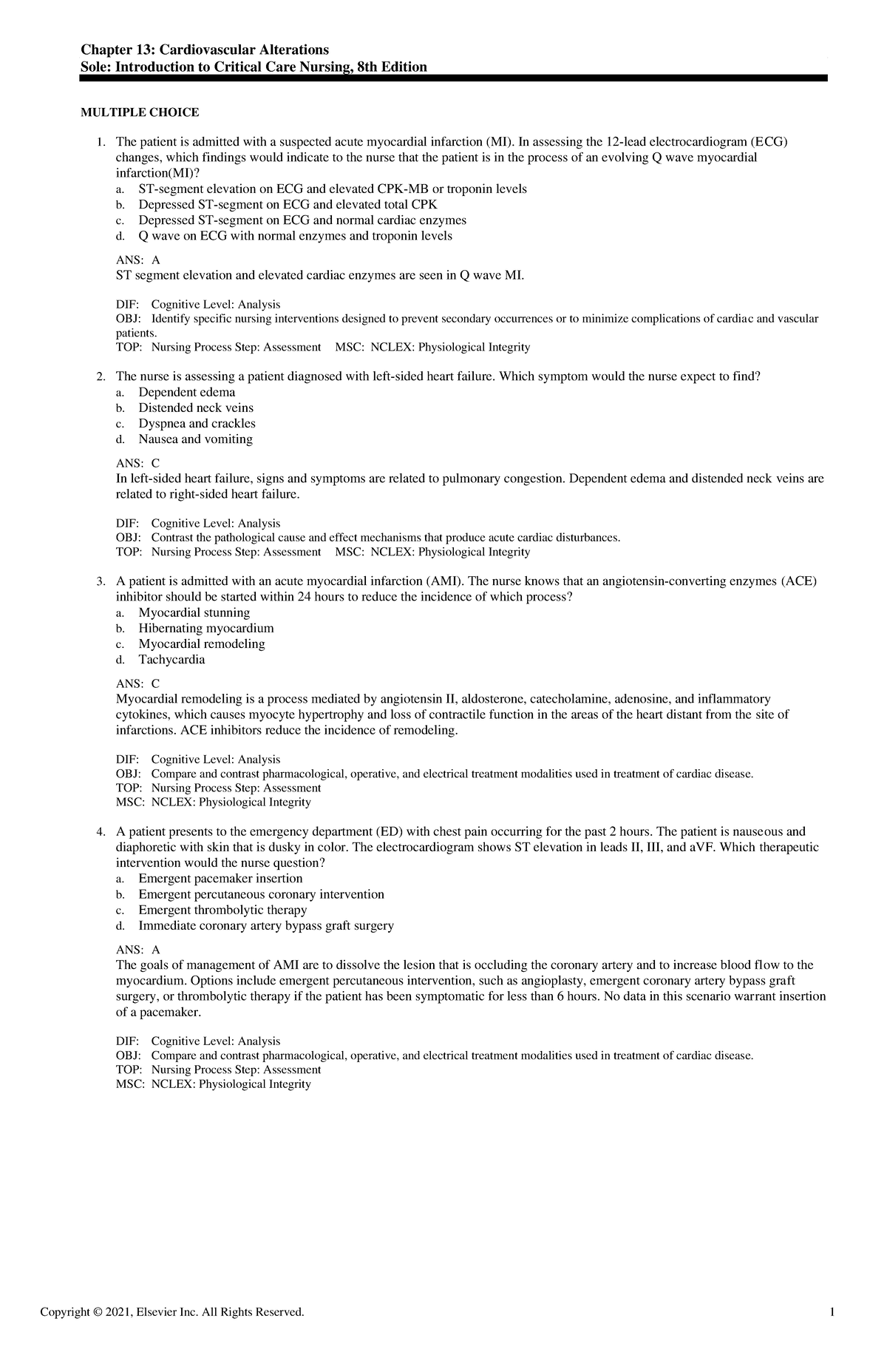 Sole- chapt 13 - test bank sole critical nursing ch 13 - Chapter 13 ...