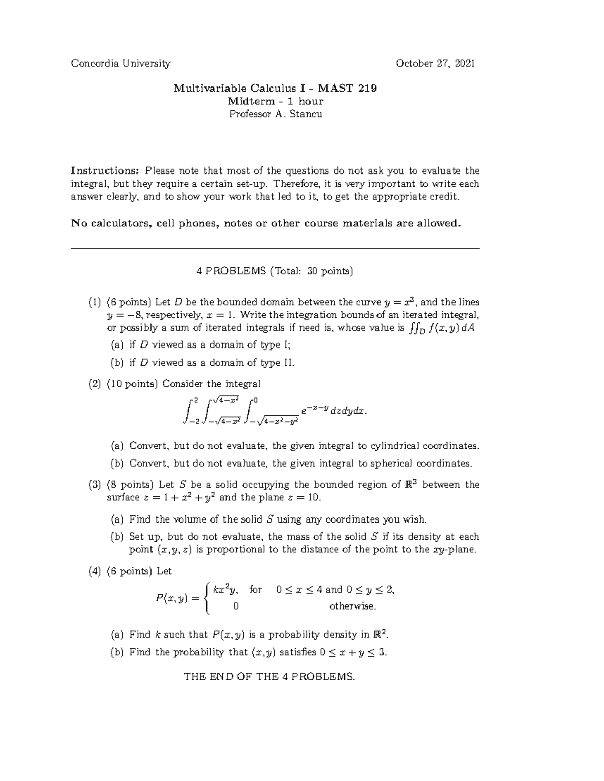 Midterm Mast 219 A fall 2021 - Concordia University October 27, 2021 ...