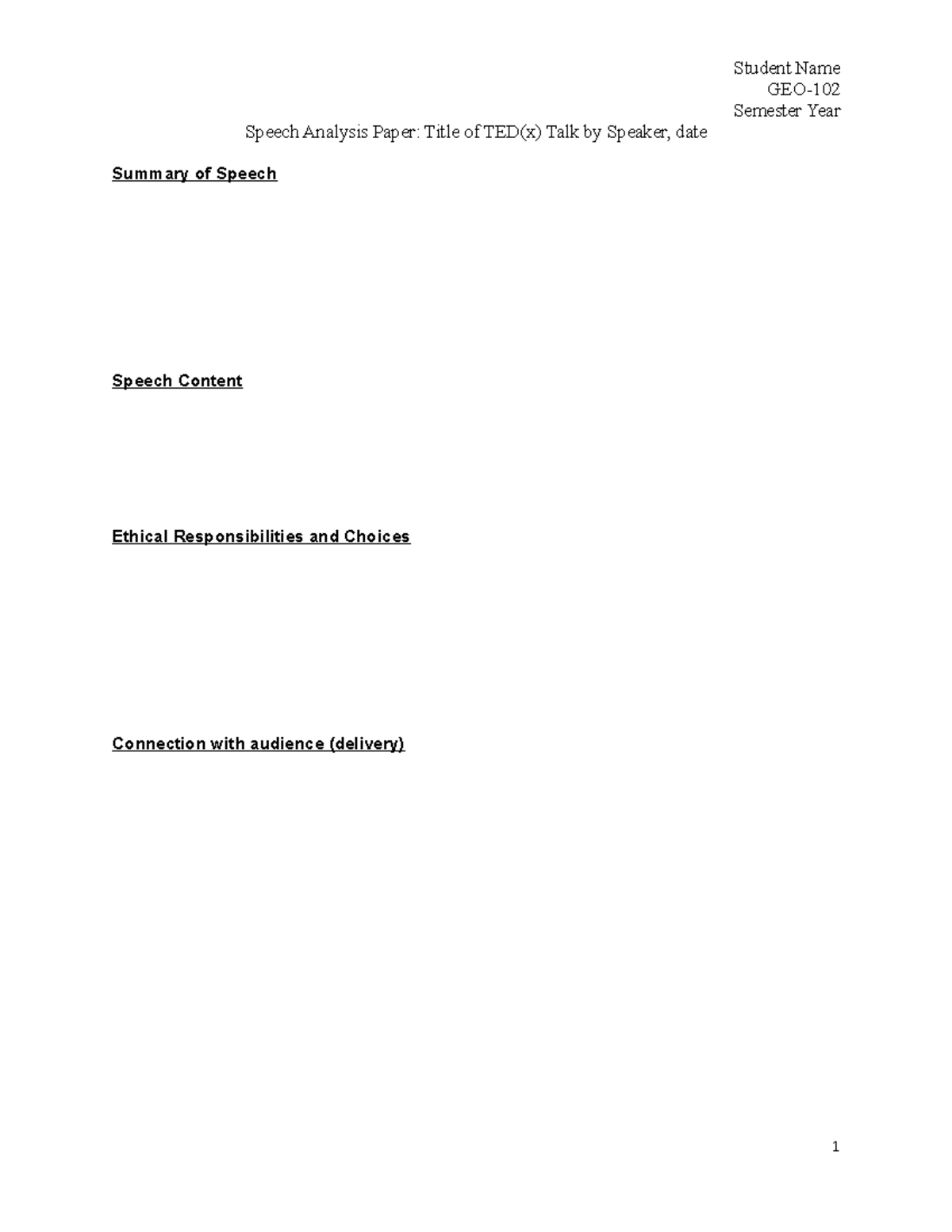 Template - Speech Analysis Paper - GEO- Semester Year Speech Analysis ...