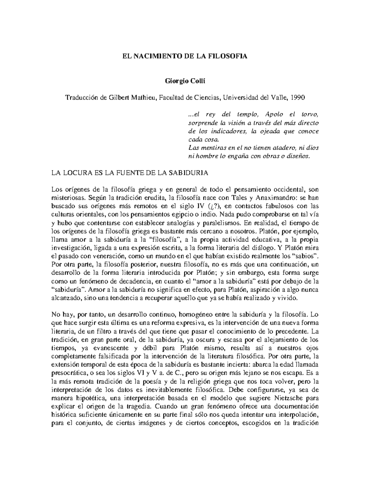 El Nacimiento De La Filosofia Giorgio Colli Teoria Del Estado Uba Studocu