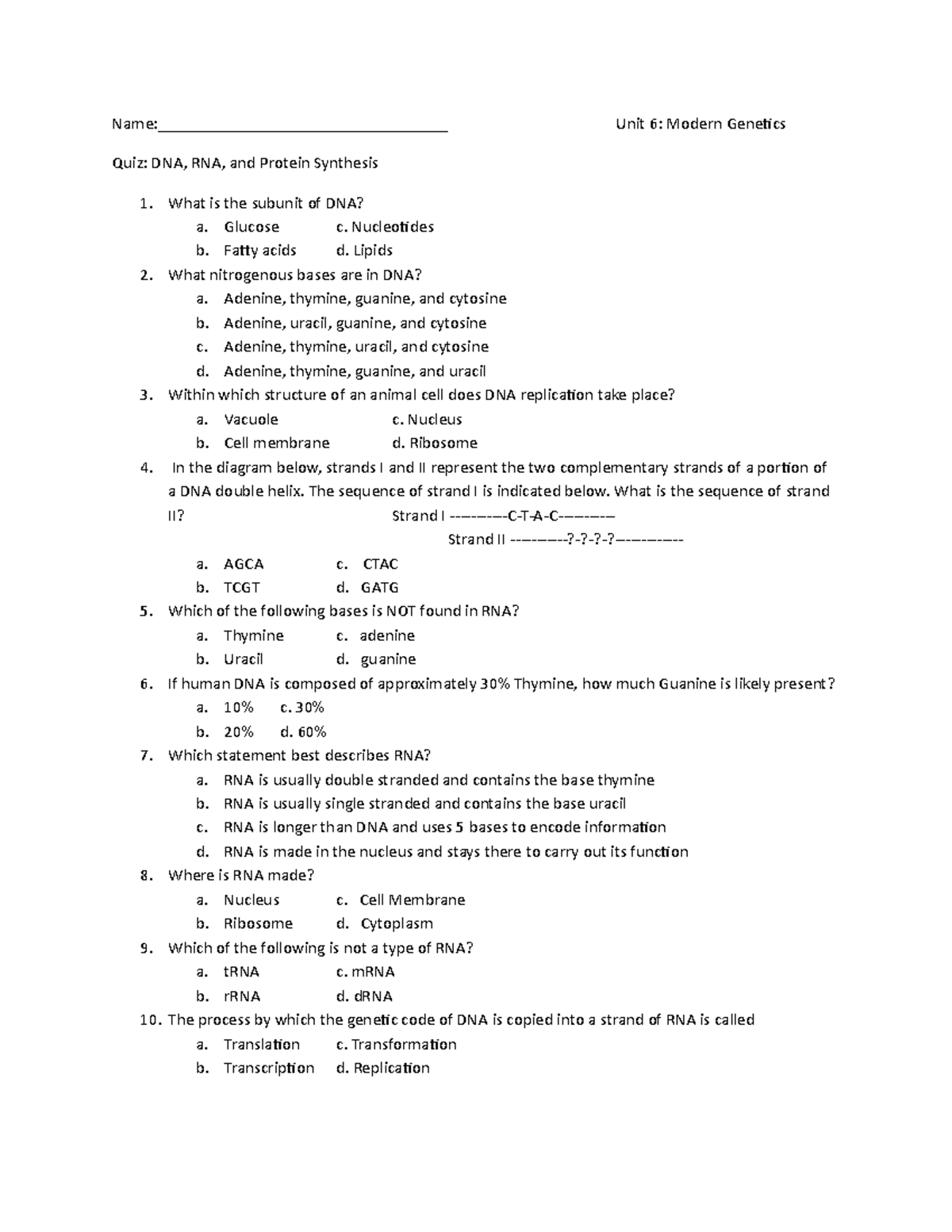 Protein Synthesis Quiz1 Name__________________________________ Unit