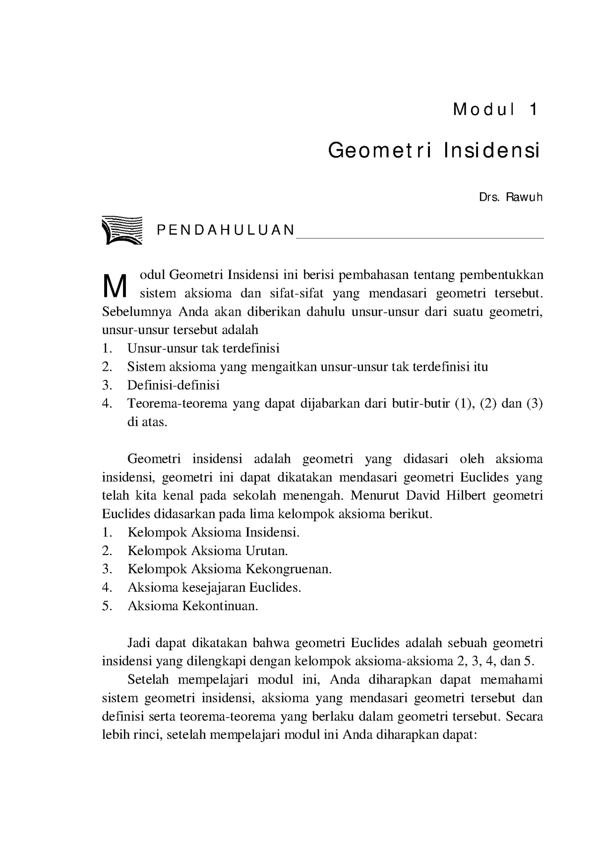 Mata4221 M1 Math M O D U L 1 Ge Om E T R I In Si D E N Si Drs Rawuh Odul Geometri Insidensi 8538