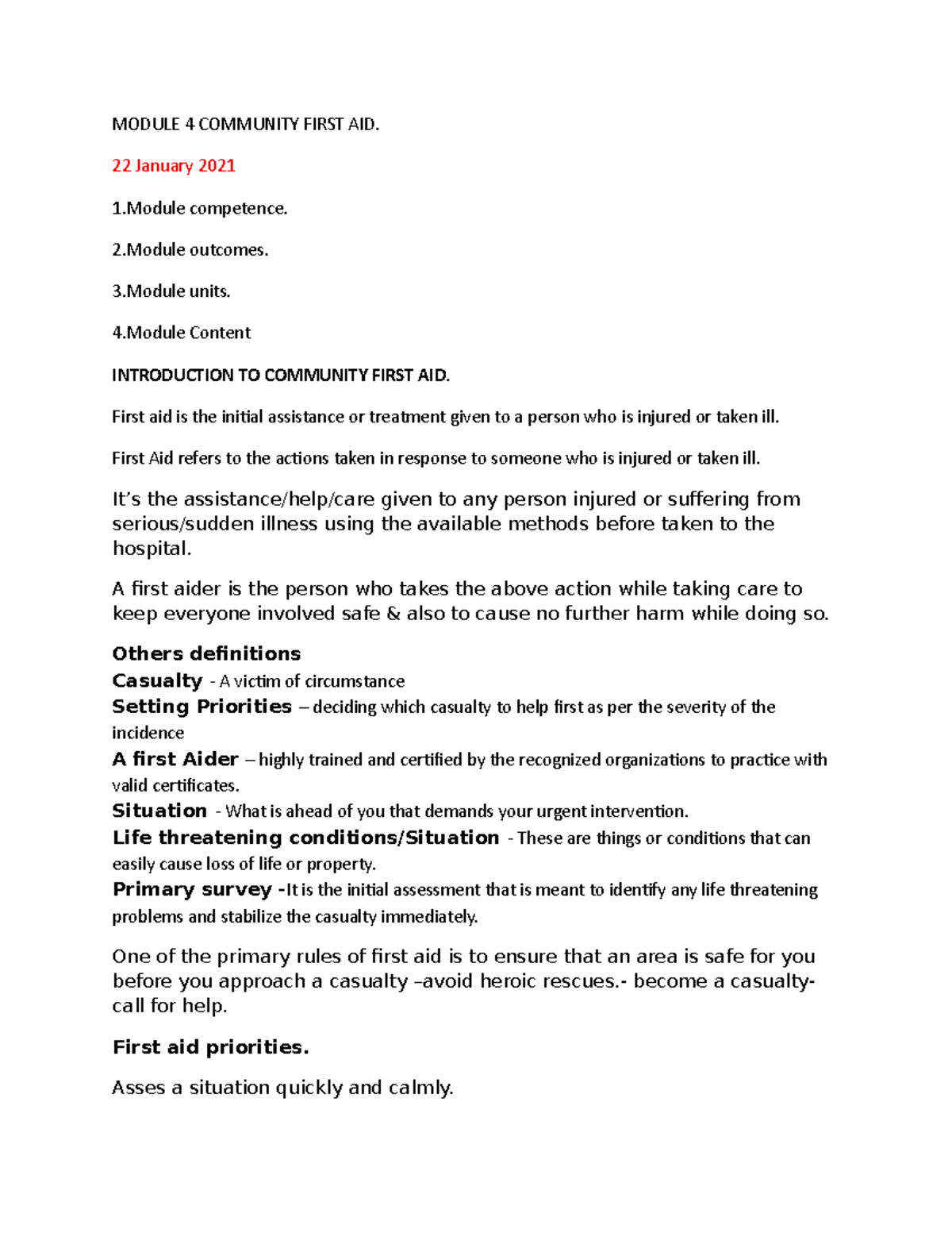 First aid notes - mn kjnjn - MODULE 4 COMMUNITY FIRST AID. 22 January ...