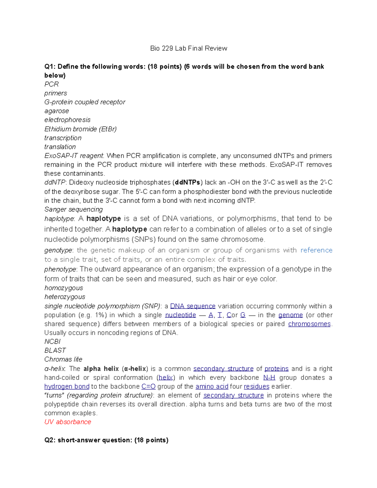 Bio 229 Lab Final Study Guide - Bio 229 Lab Final Review Q1: Define the ...
