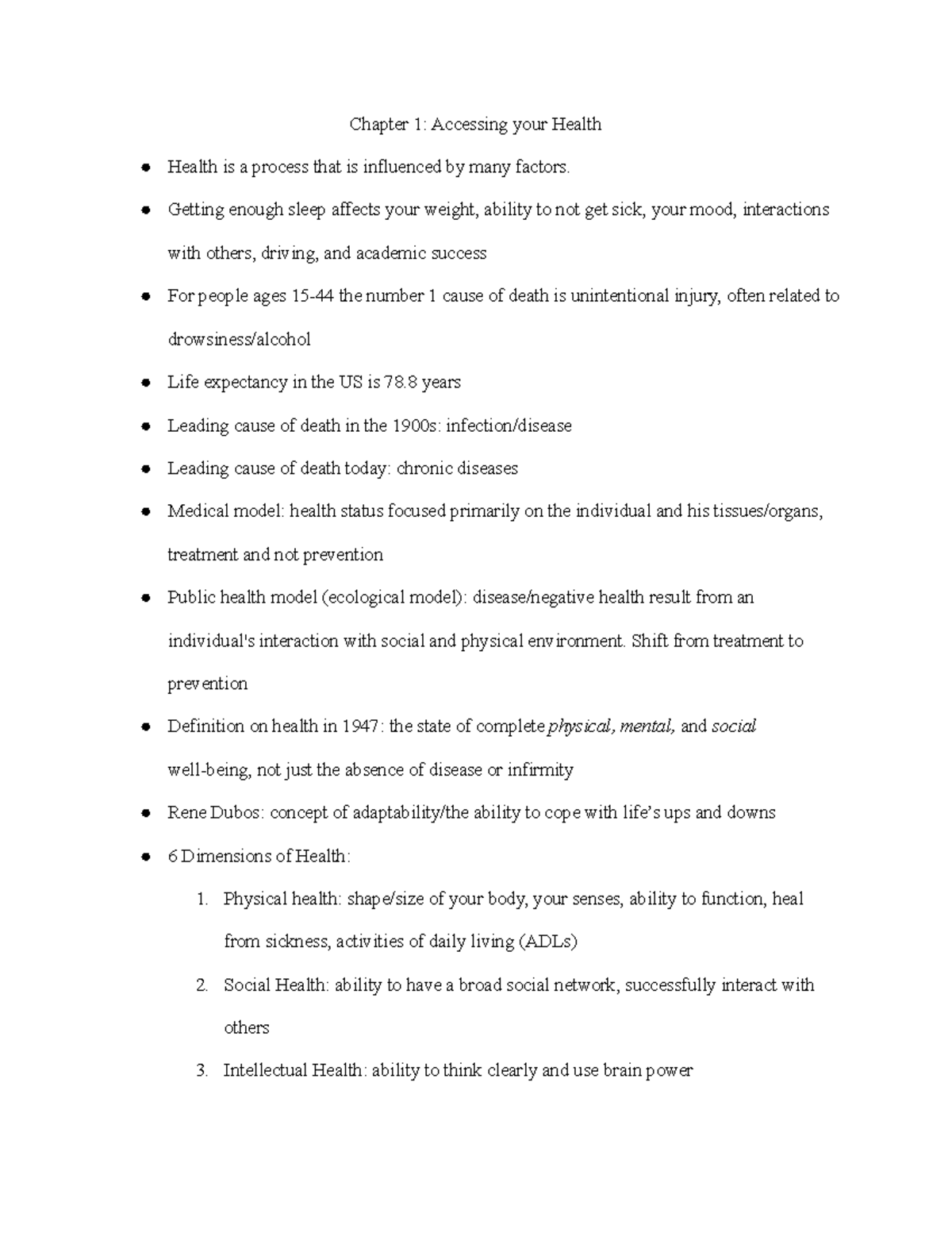 Health Ch. 1 Notes - Chapter 1: Accessing Your Health Health Is A ...