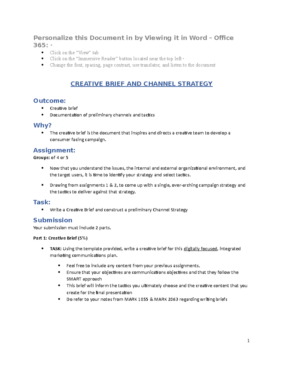 ASSIGNMENT Creative Brief & Channel Strategy - Personalize this ...