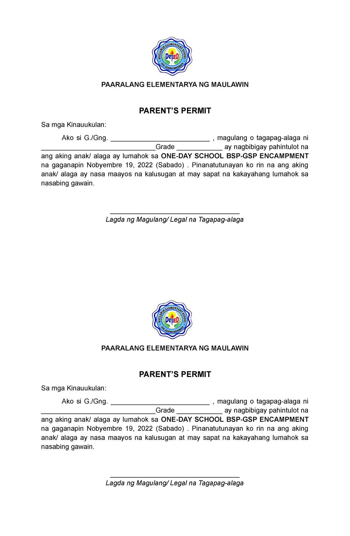 BSP GSP Parents Permit 1 - PAARALANG ELEMENTARYA NG MAULAWIN PARENT’S