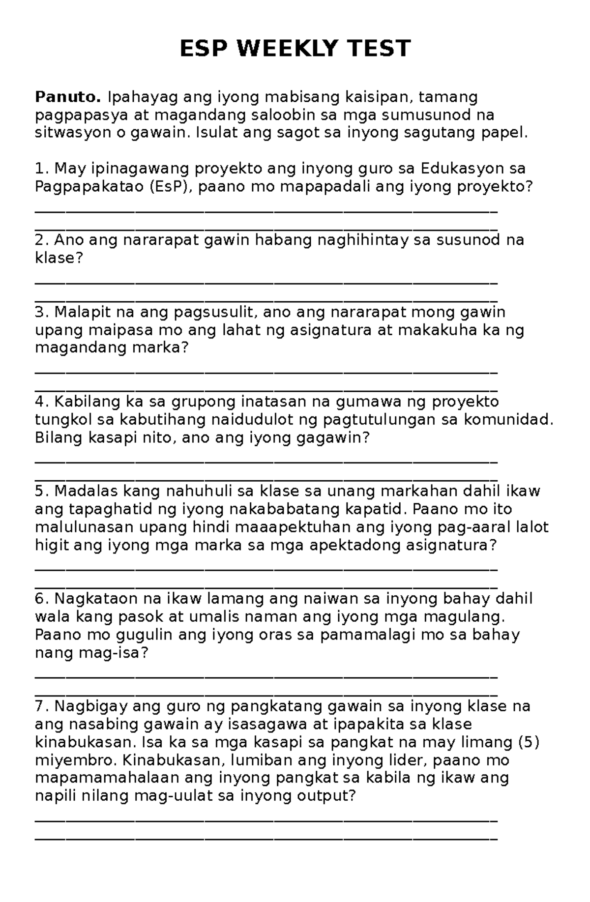 Esp weekly test - For your reference - ESP WEEKLY TEST Panuto. Ipahayag ...