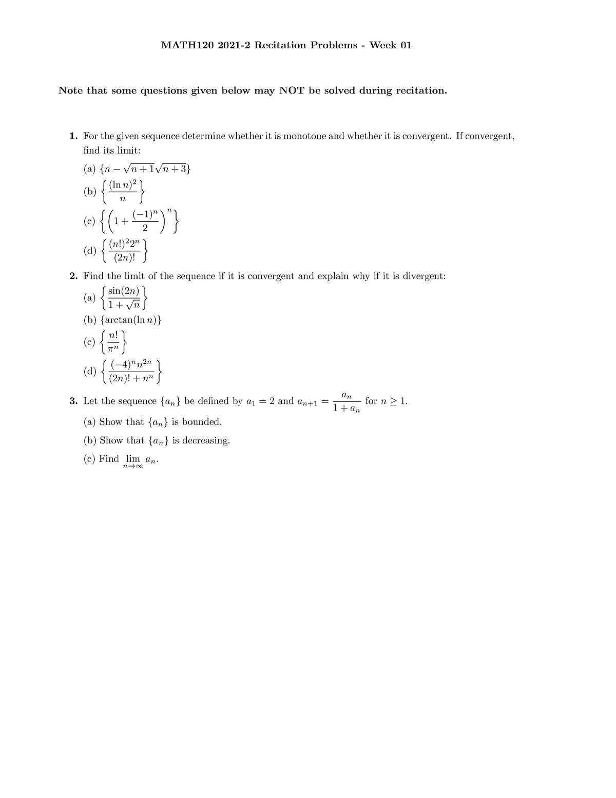 MATH120 2021-2 Recitation Problems - Week 01 - For The Given Sequence ...