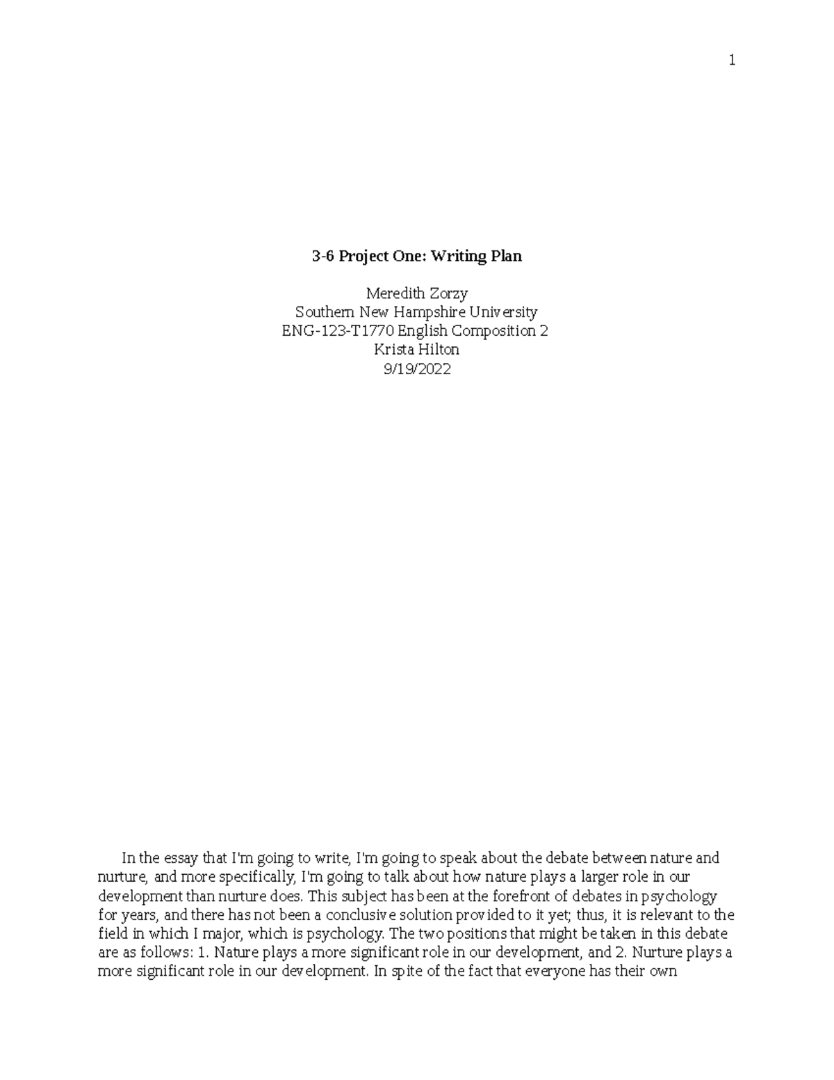3-6 Project One Writing Plan - 3-6 Project One: Writing Plan Meredith ...