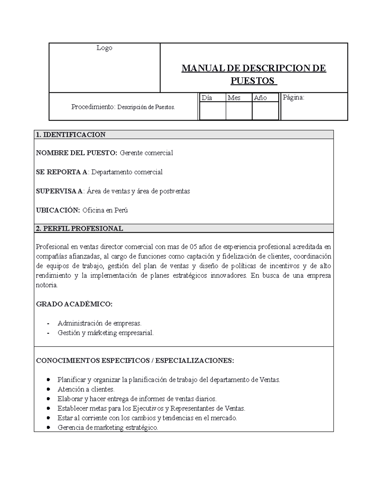 Formato Descripción DE Puestos - Logo MANUAL DE DESCRIPCION DE PUESTOS ...