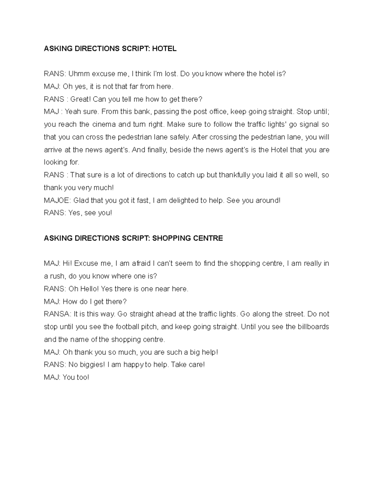 Lapel Asking AND Booking ASKING DIRECTIONS SCRIPT HOTEL RANS Uhmm