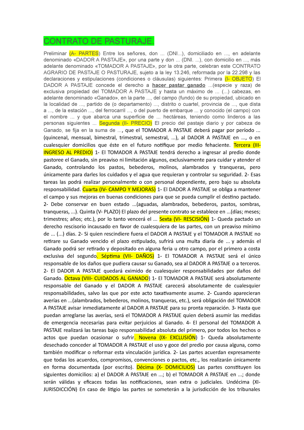 Contratos Agrarios - Apuntes 1-2-4 - CONTRATO DE PASTURAJE. Preliminar (A-  PARTES) Entre los - Studocu