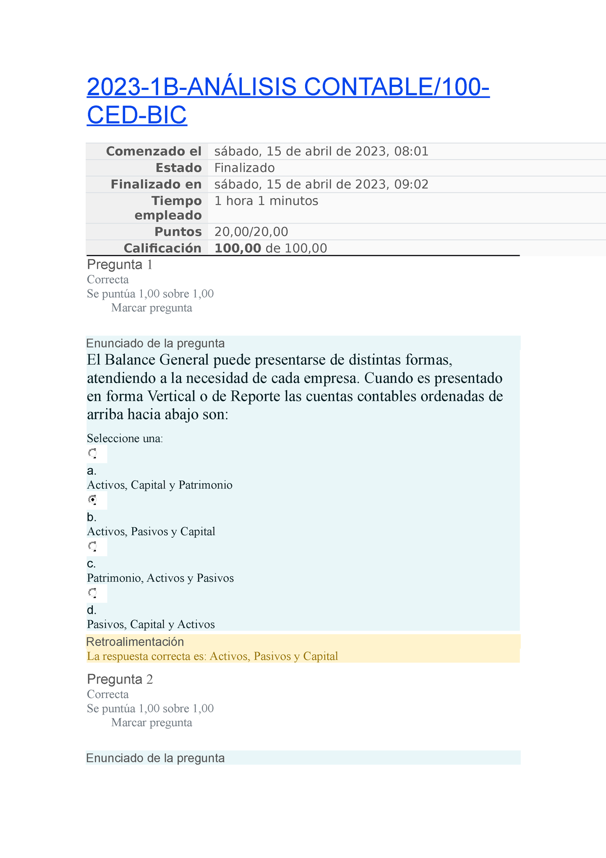 Primera Prueba 1 - 2023-1B-ANÁLISIS CONTABLE/100- CED-BIC Comenzado El ...