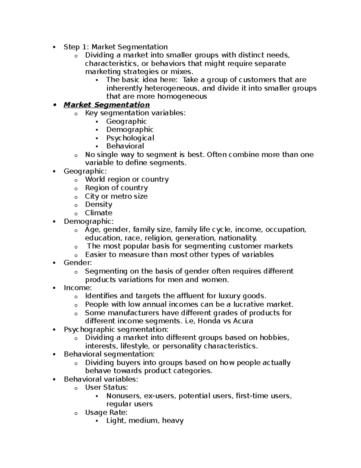 Market segmentation notes - Step 1: Market Segmentation o Dividing a ...
